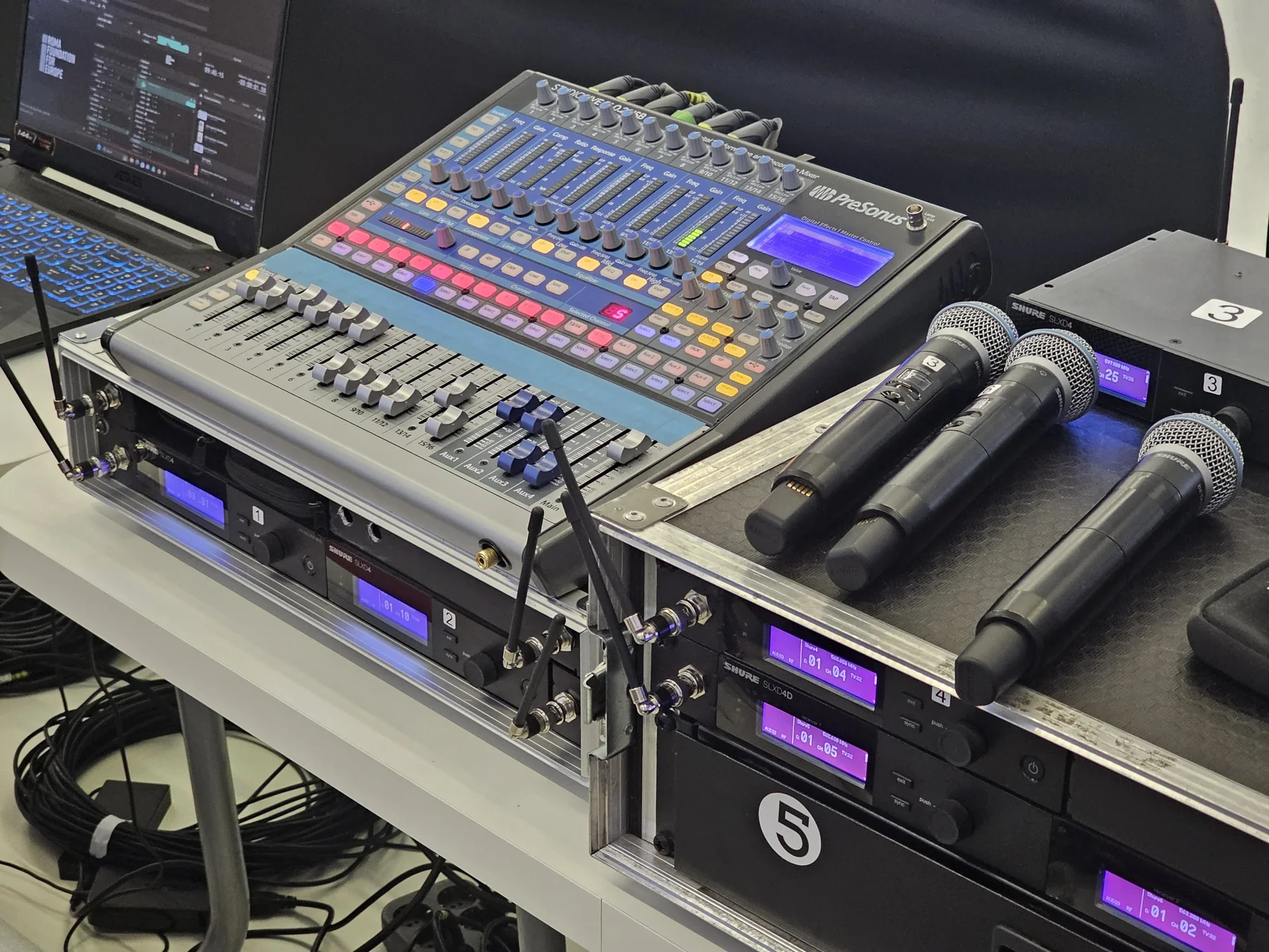 Digital audio console and wireless microphones used for an Endava internal event in Bucharest.