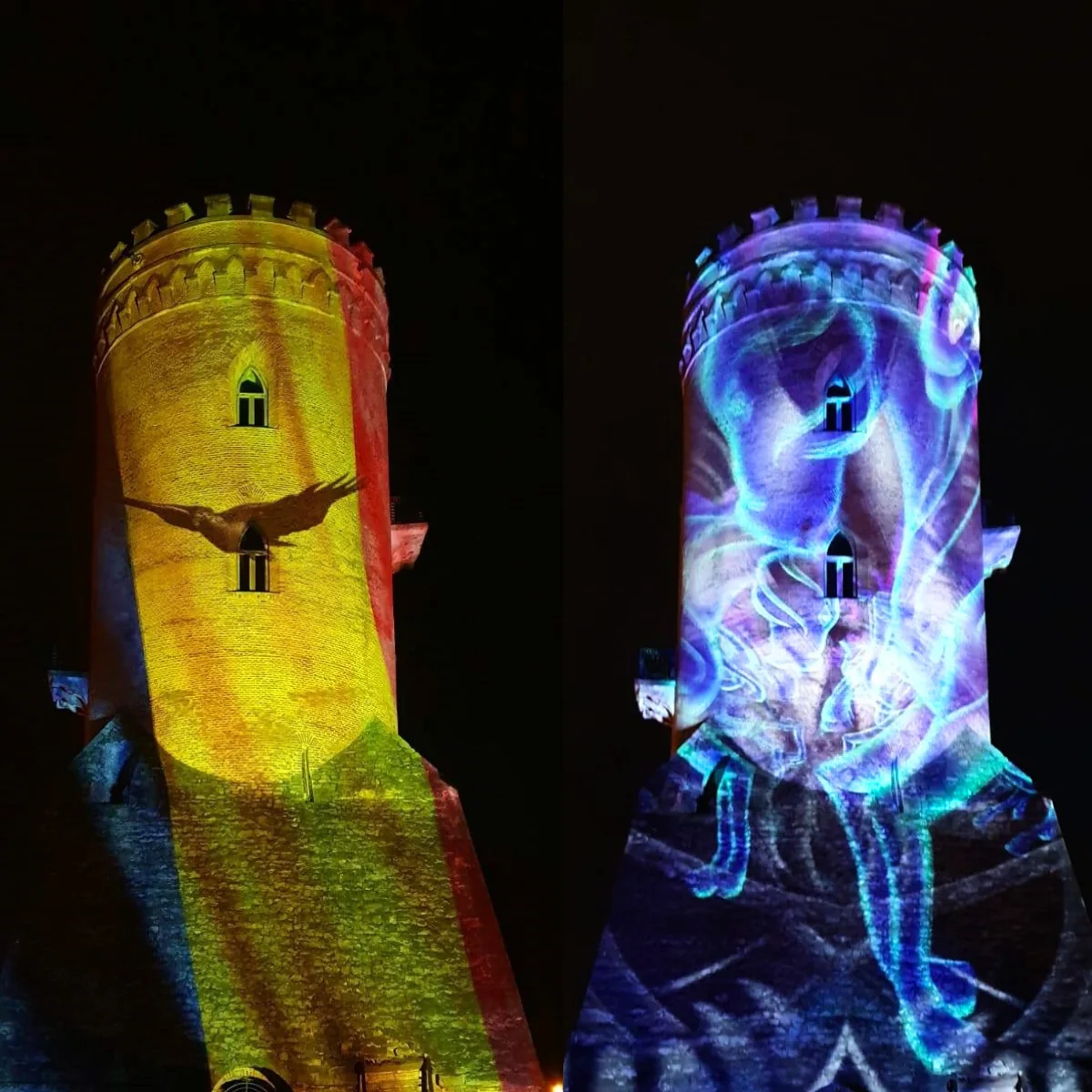 Two views of dynamic projection content across Turnul Chindiei in Târgoviște.