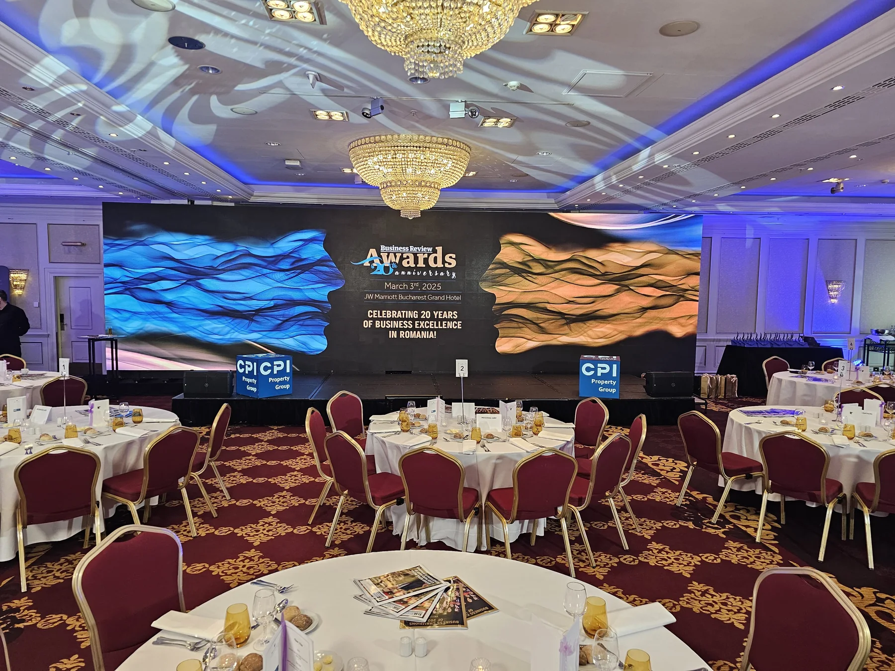 Business Review 20th Anniversary Awards stage at Hotel Marriott in Bucharest with wide LED screen and banquet seating.