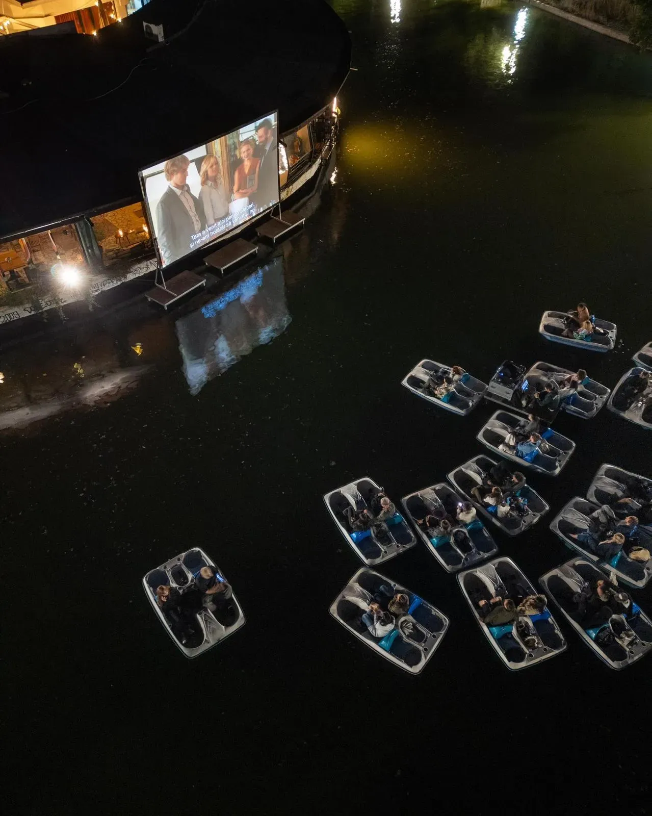 Projected visual content across the outdoor event area for Blue Restaurant in Bucharest.
