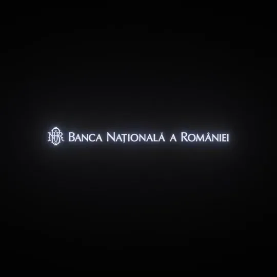 National Bank of Romania title card opening the Nadia Comăneci 50-year exhibition motion graphics.