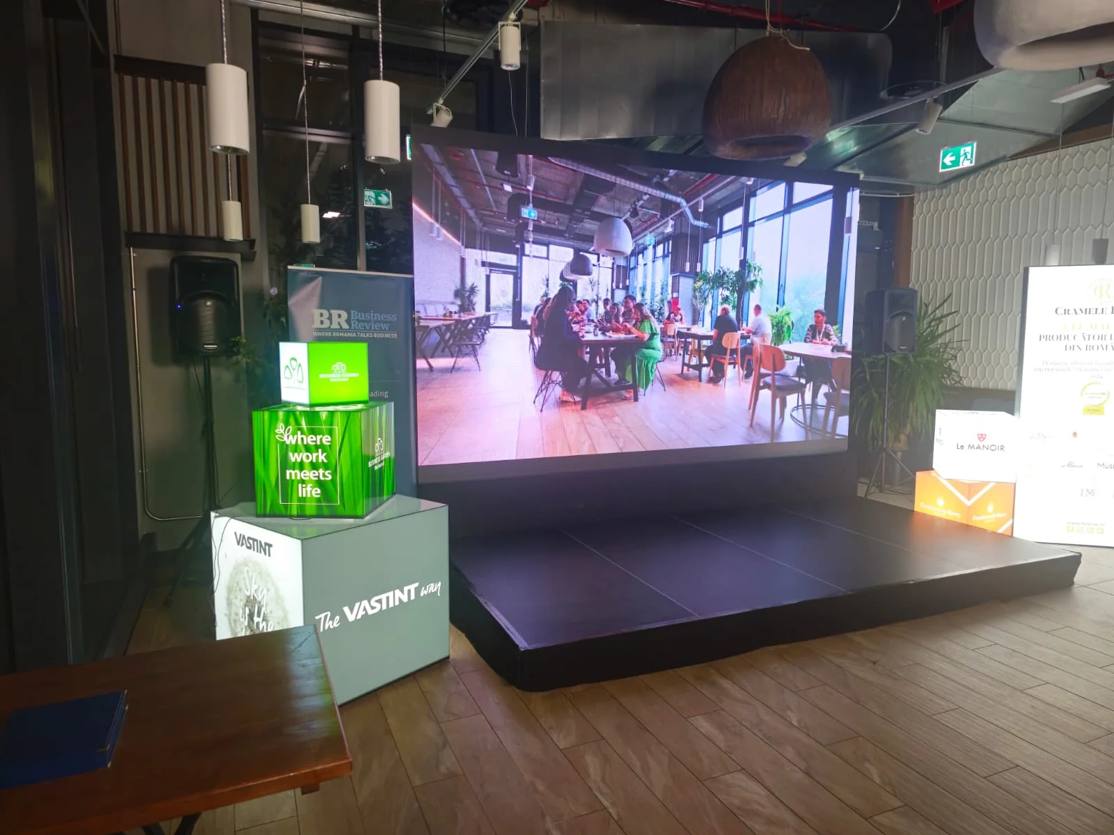 Outdoor LED screen and raised stage prepared for the Business Review event at Spoonfool in Bucharest.