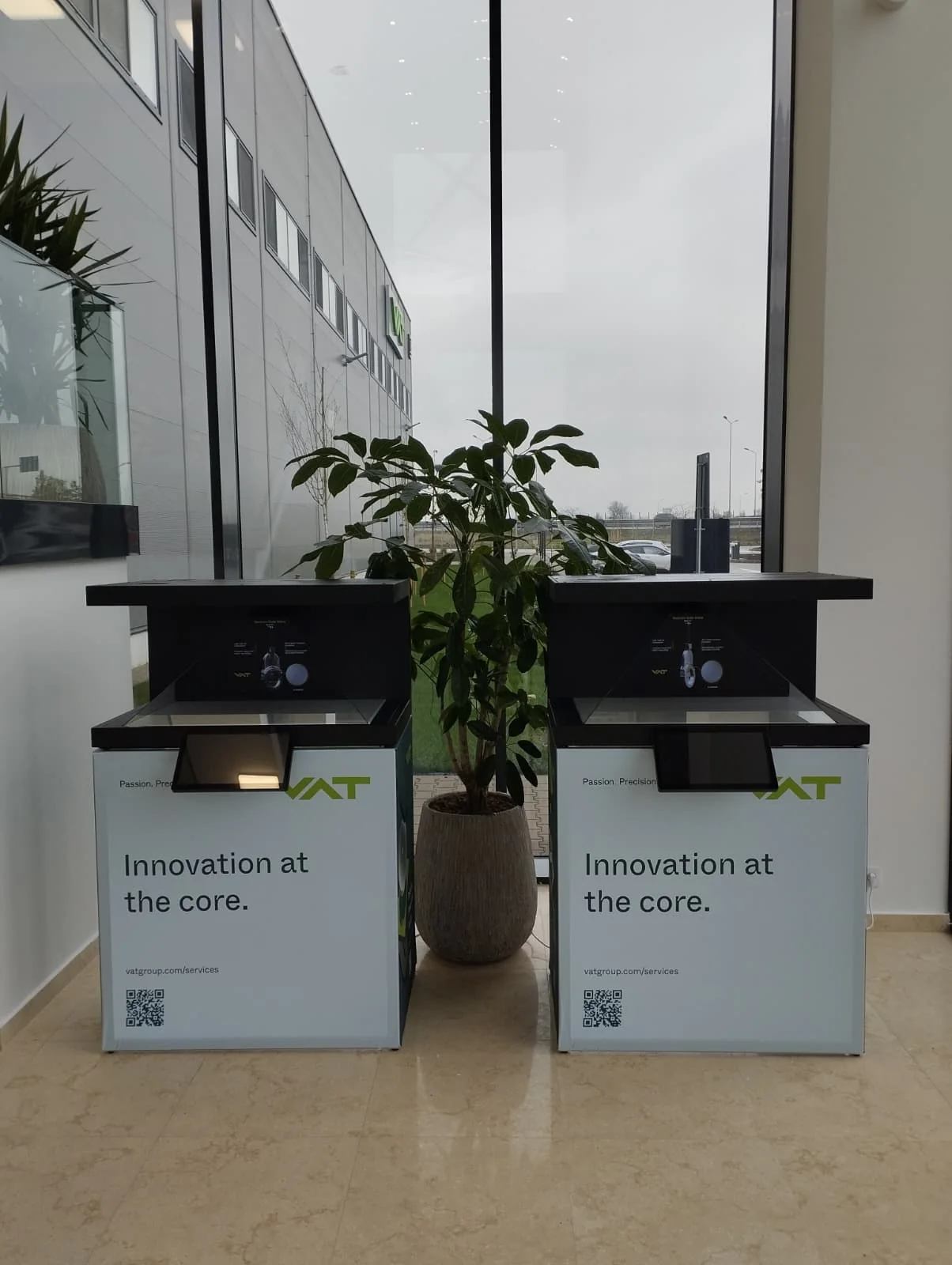 VATGroup Dreamoc XL5 holographic display installations with Smart Frames and touchscreens at the Arad site.