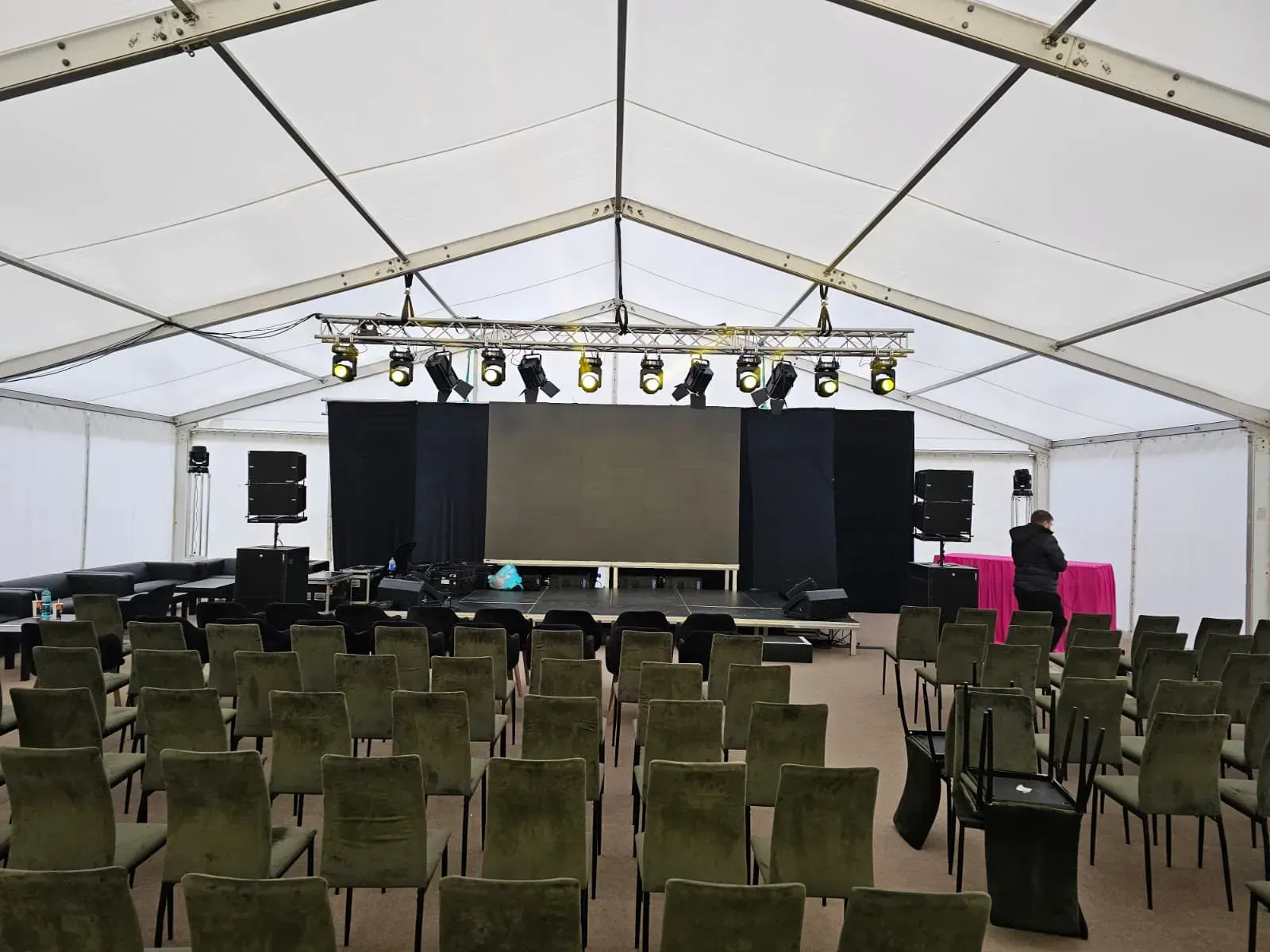 LED screen, lighting truss, stage and seating prepared for the Dimitrie Gerota Hospital site inauguration in Bucharest.