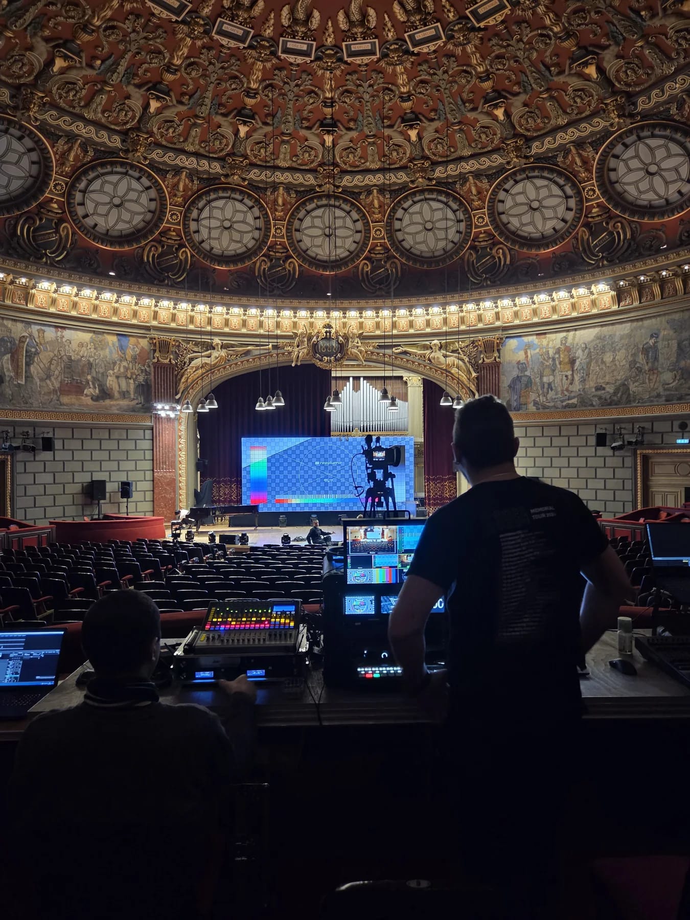 Video-production position overlooking the stage during the European Roma Institute event at the Romanian Athenaeum.