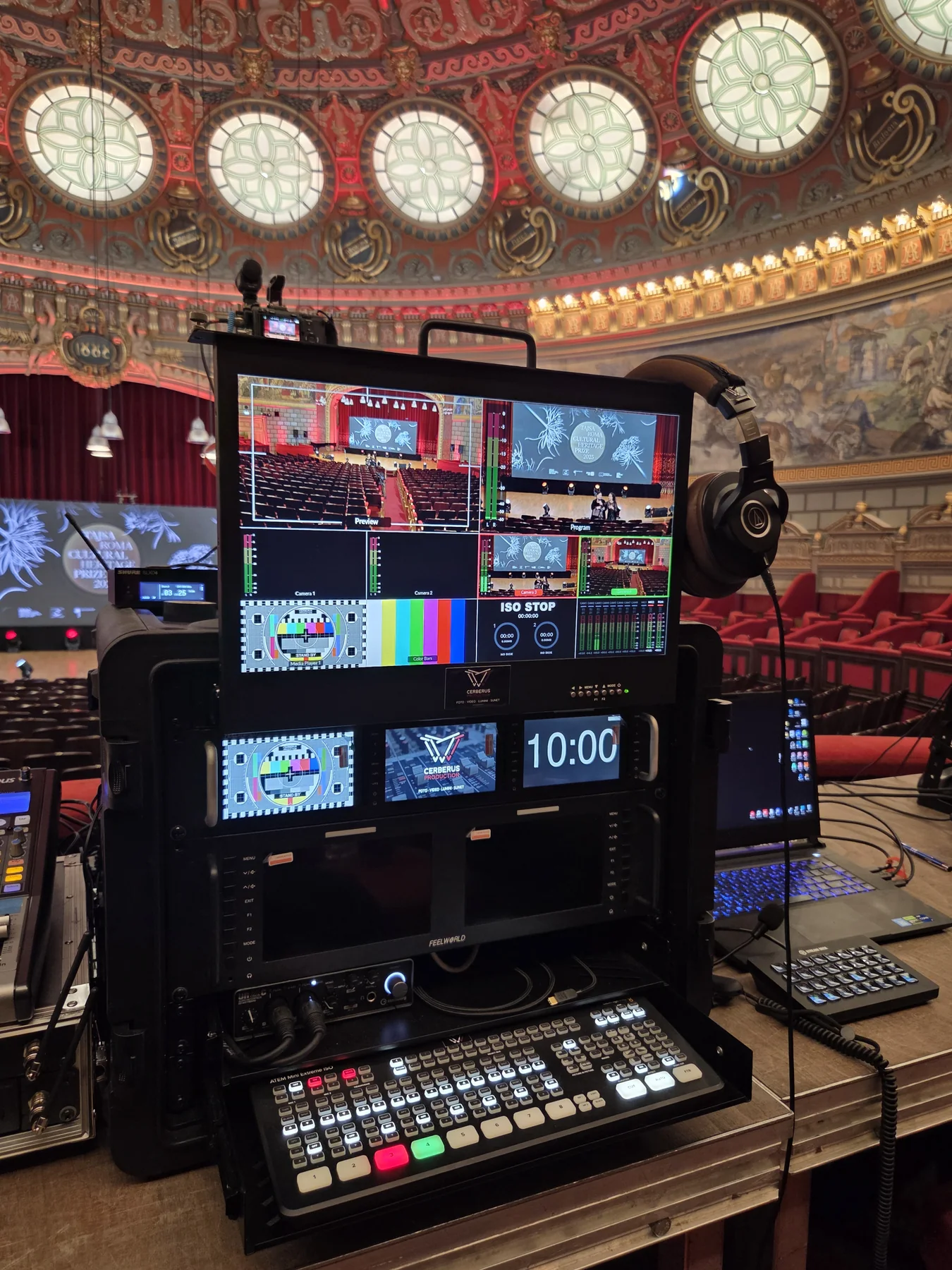 Video switching and monitoring console used during the European Roma Institute event at the Romanian Athenaeum.