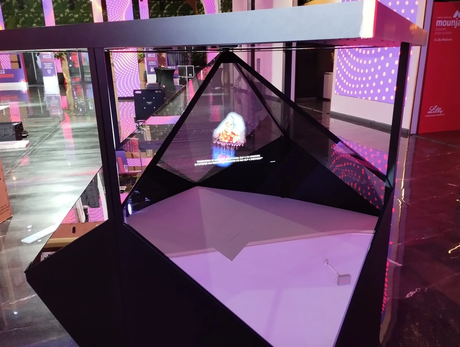 Close view of the four-sided Dreamoc Diamond display during the Eli Lilly event in Bucharest.