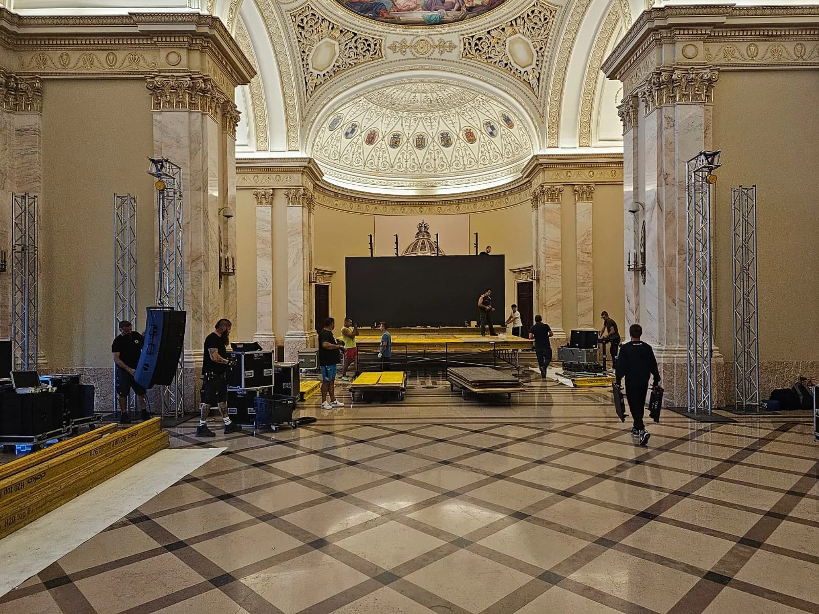 LED screen, stage and lighting truss during technical setup for the Fildas Art Charity Gala.
