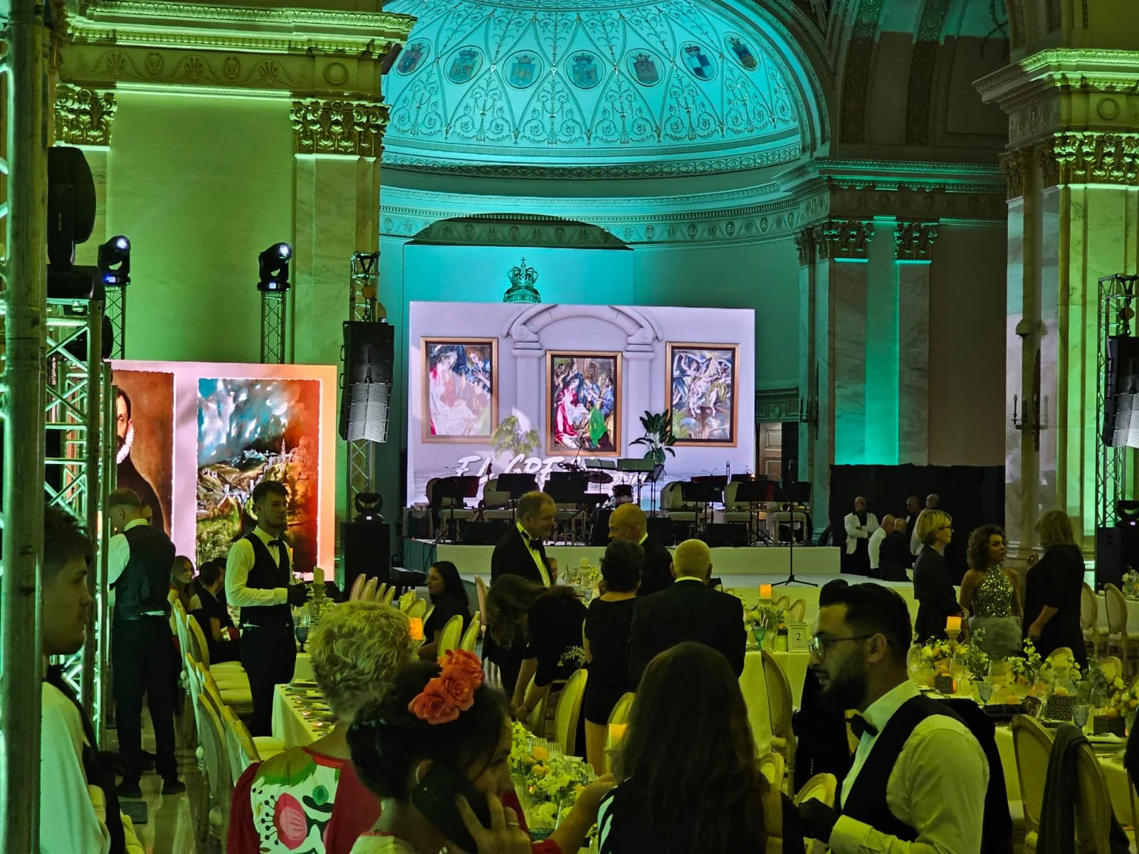 Charity Gala stage with LED screens, live performers and architectural lighting inside the Throne Hall in Bucharest.