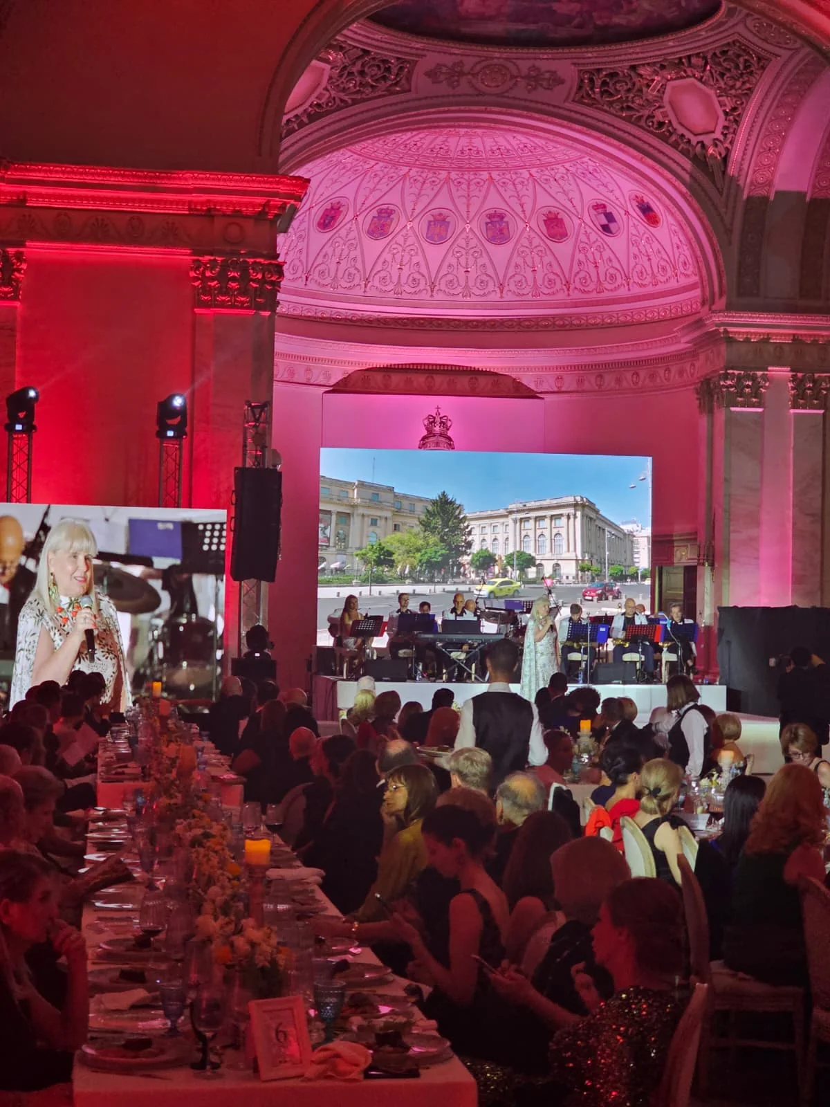 Fildas Art Charity Gala audience facing the LED stage inside the Throne Hall of the National Museum of Art of Romania.