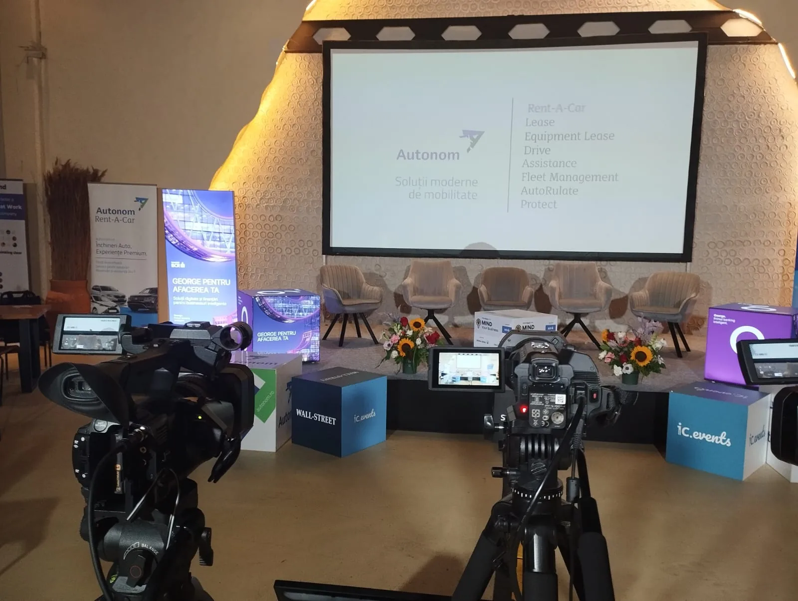 Camera production setup facing the Mind Your Business presentation stage at Nayam in Bucharest.