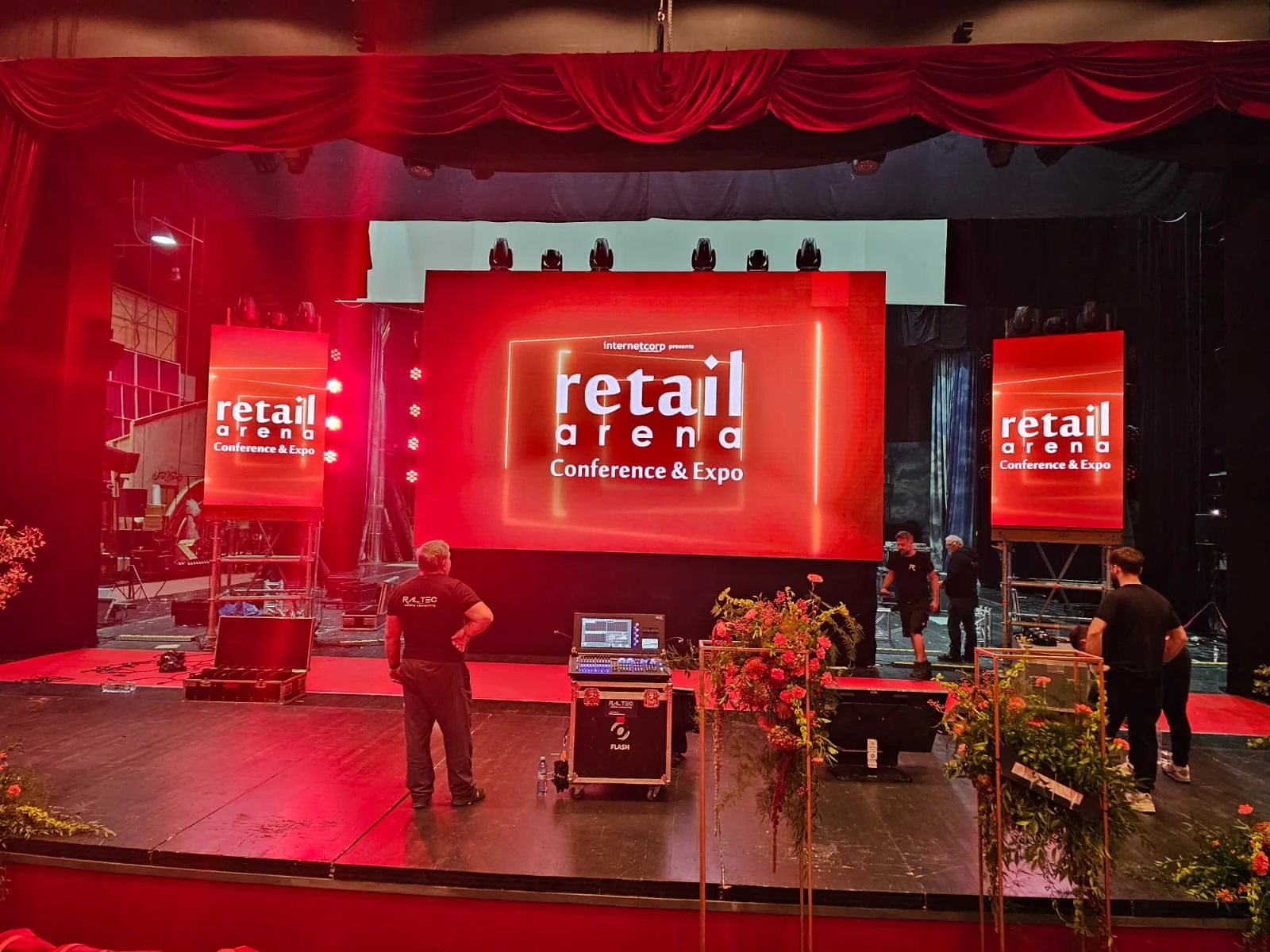 Retail Arena conference stage with the main LED screen and vertical LED displays at Ion Dacian Operetta Theatre.