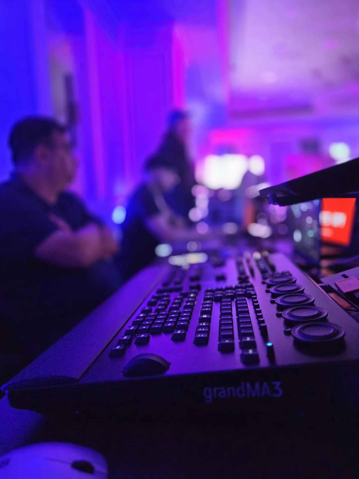 GrandMA3 lighting control console during the Netopia conference production at Marriott Bucharest.