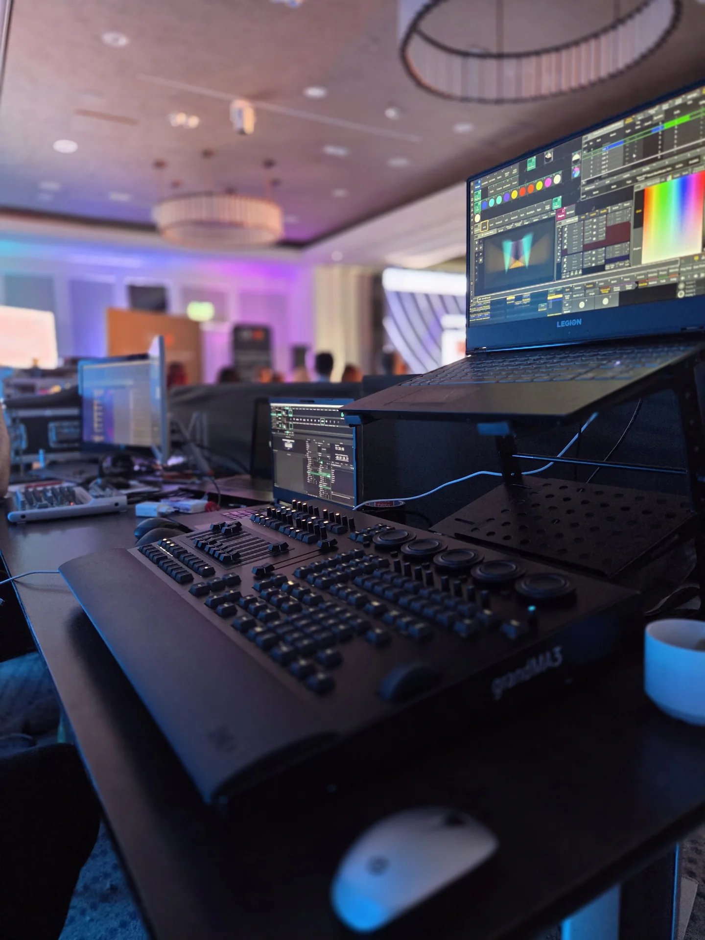 Technical control position with lighting and video equipment during the Netopia conference at Marriott Bucharest.
