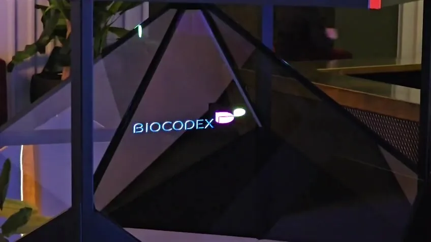 Biocodex branding displayed inside the Dreamoc Diamond holographic unit at Face Club in Bucharest.