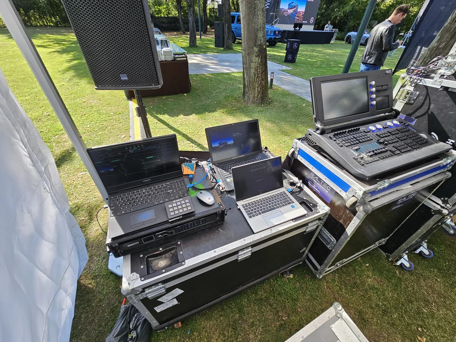 Outdoor AV control station with video playback and switching equipment for the Mercedes-Benz event at Crowne Plaza in Bucharest.