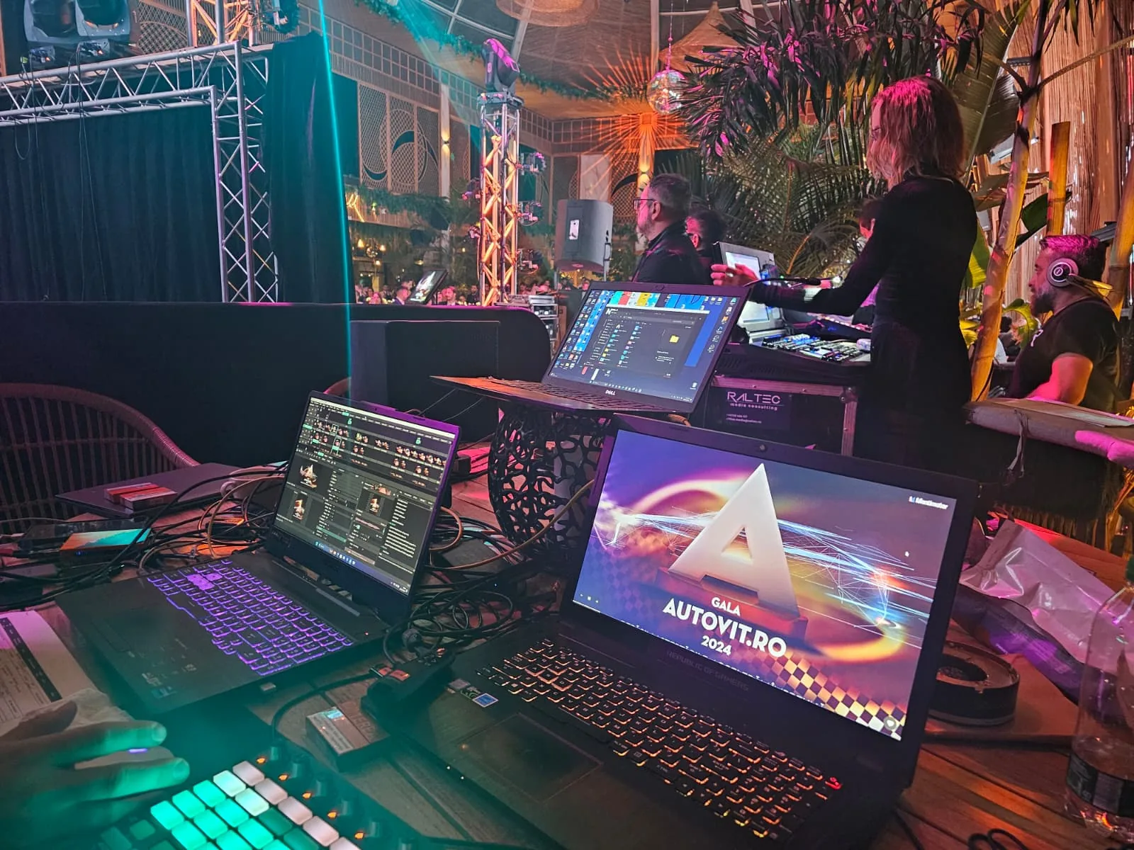 AV control desk with video and audio equipment for Gala Autovit at Kong Club in Bucharest.