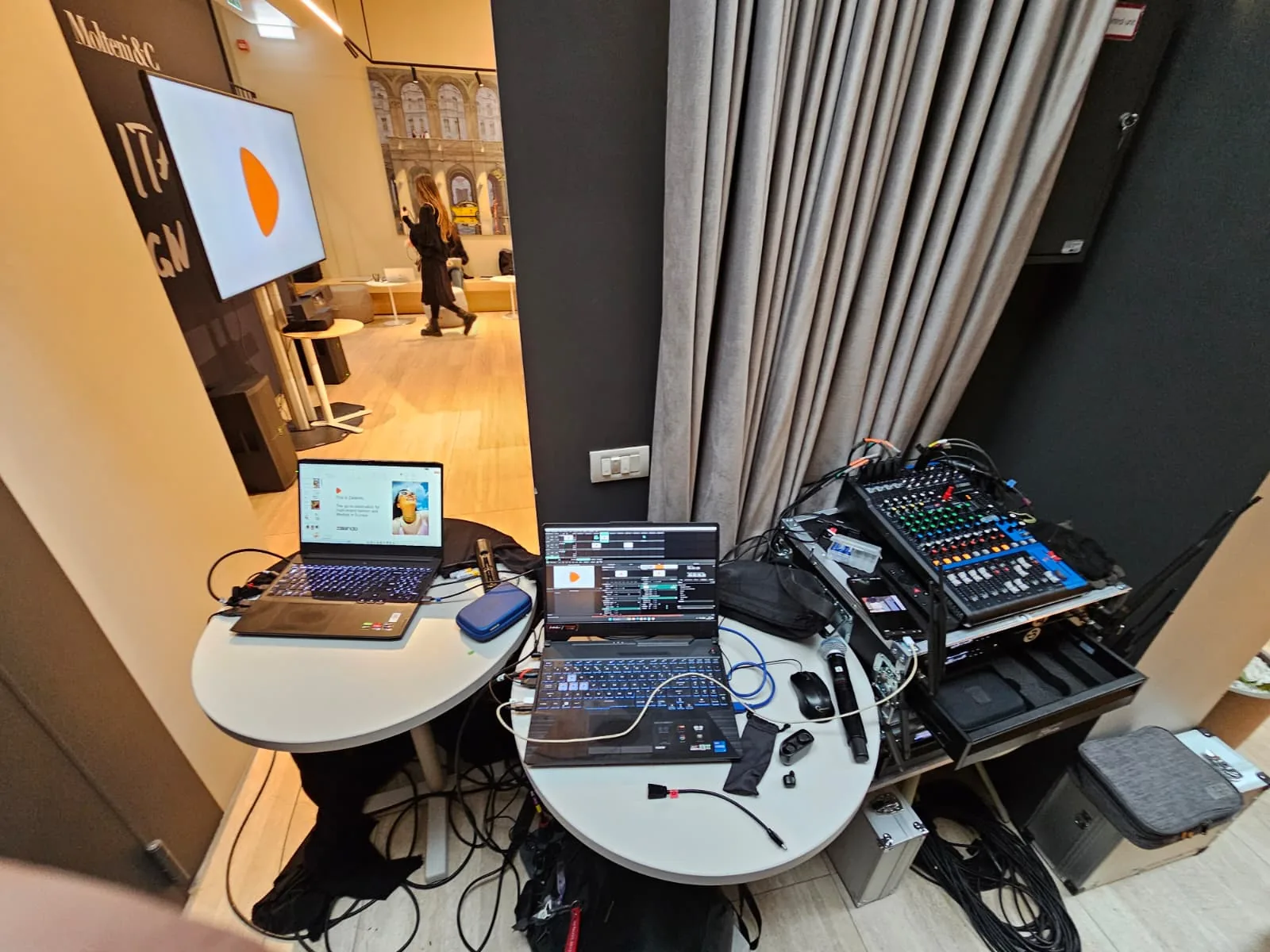 AV control table beside the event space for Zalando at The Brewprint in Bucharest.