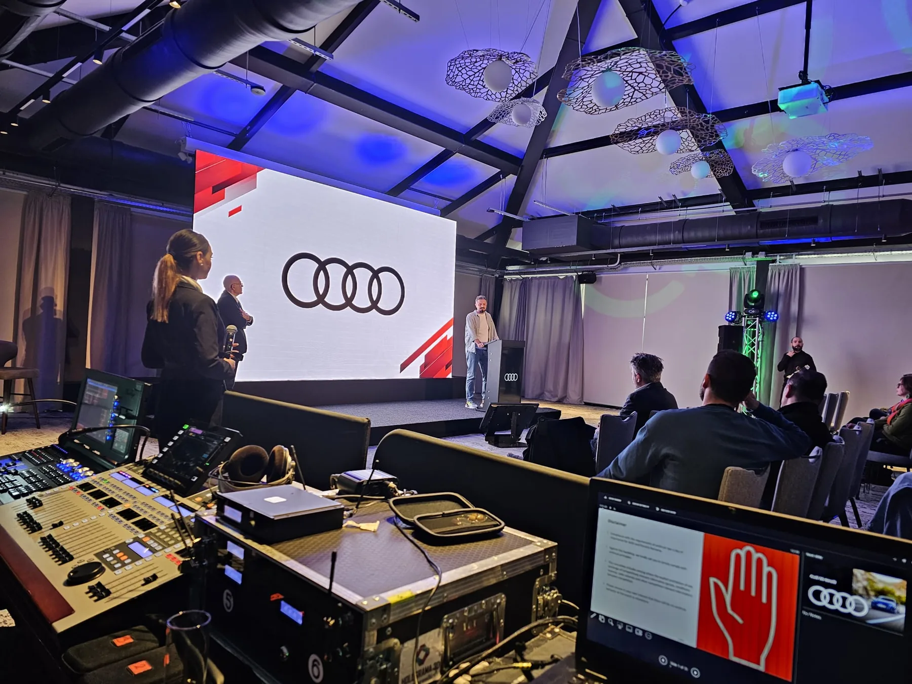 Audi presentation stage viewed from the AV control position for Audi at Conacul Cozieni at Conacul Cozieni in Cozieni.