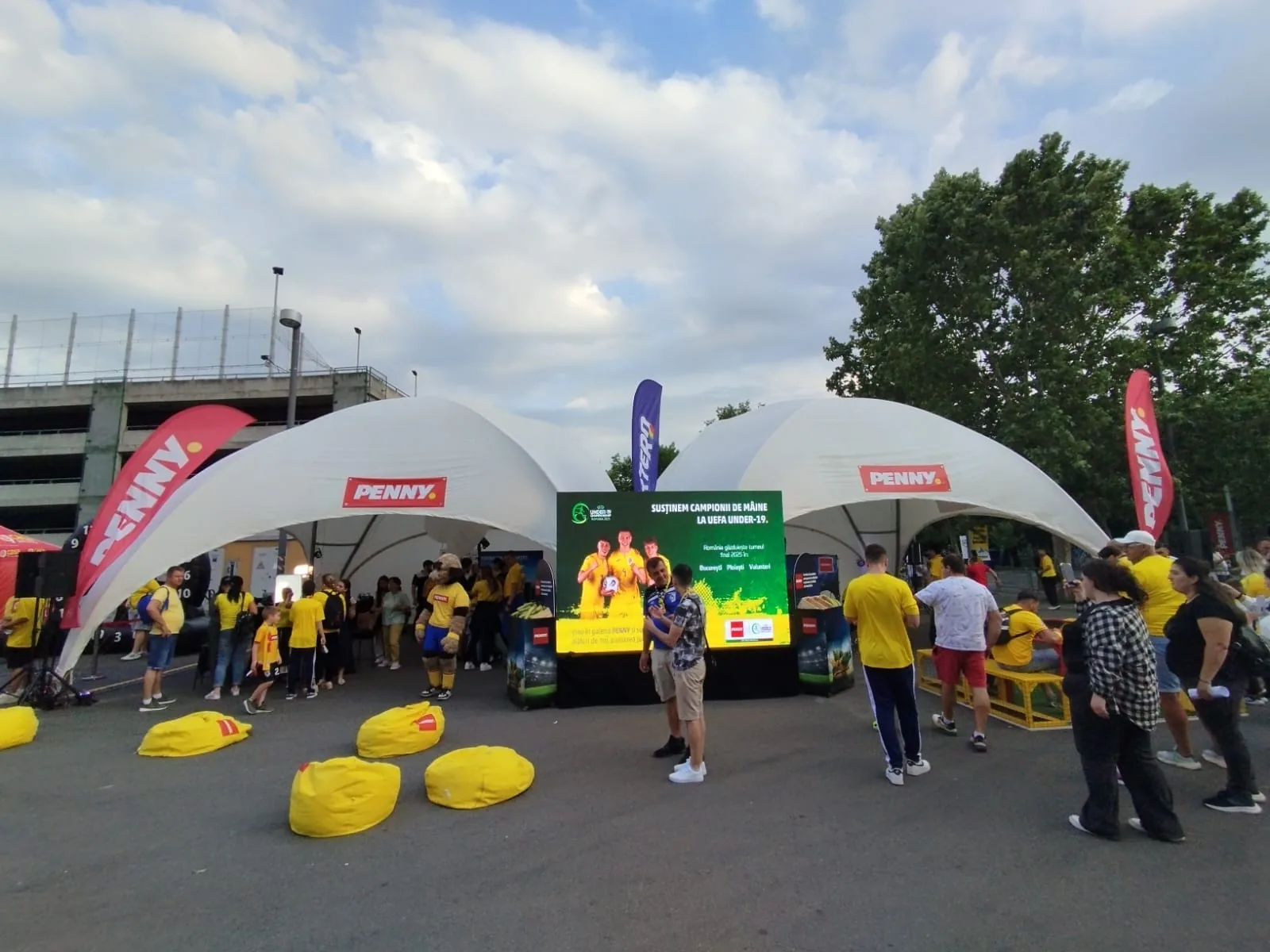 Closer view of the Penny activation with LED screen and seating for Penny Arena Nationala at Arena Nationala in Bucharest.
