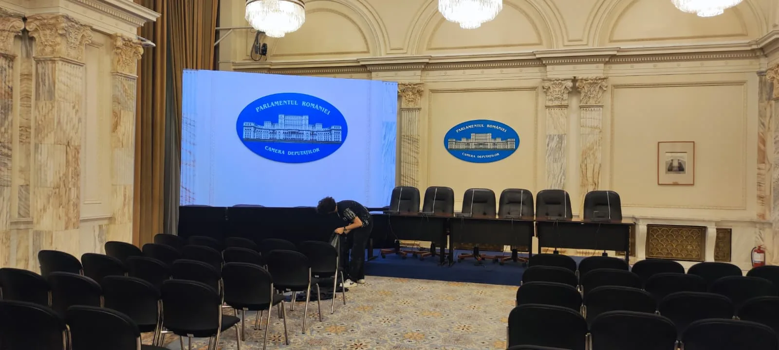 Conference stage and LED screen prepared at Palatul Parlamentului for Organizatia Umanitara Concordia at Palatul Parlamentului in Bucharest.