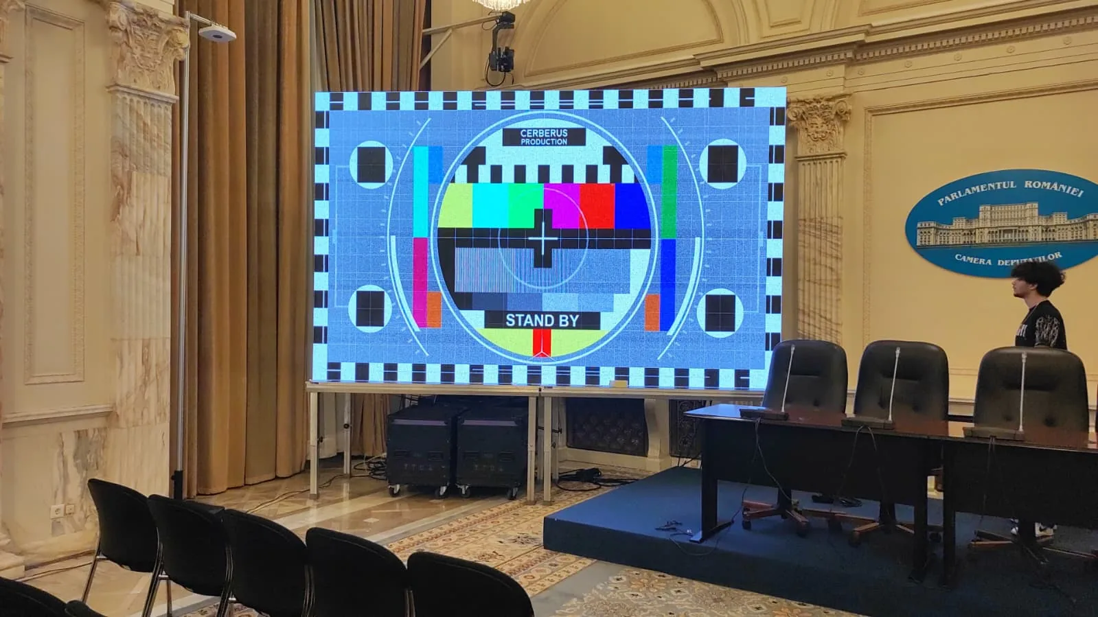 LED screen with test pattern in the Palatul Parlamentului event room for Organizatia Umanitara Concordia at Palatul Parlamentului in Bucharest.