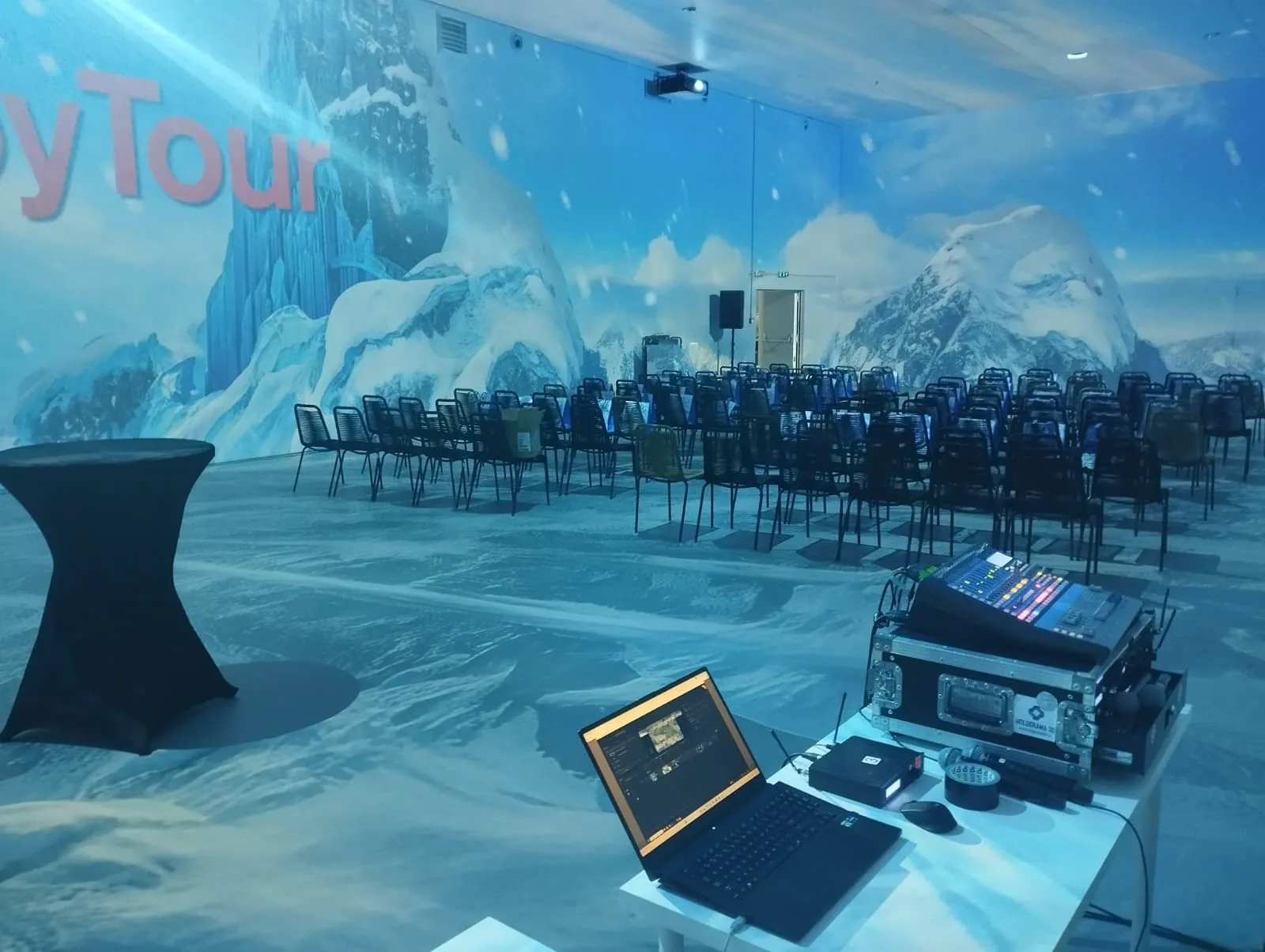 AV control position inside the Happy Tour immersive event room for MINA Museum Event at MINA Museum in Bucharest.
