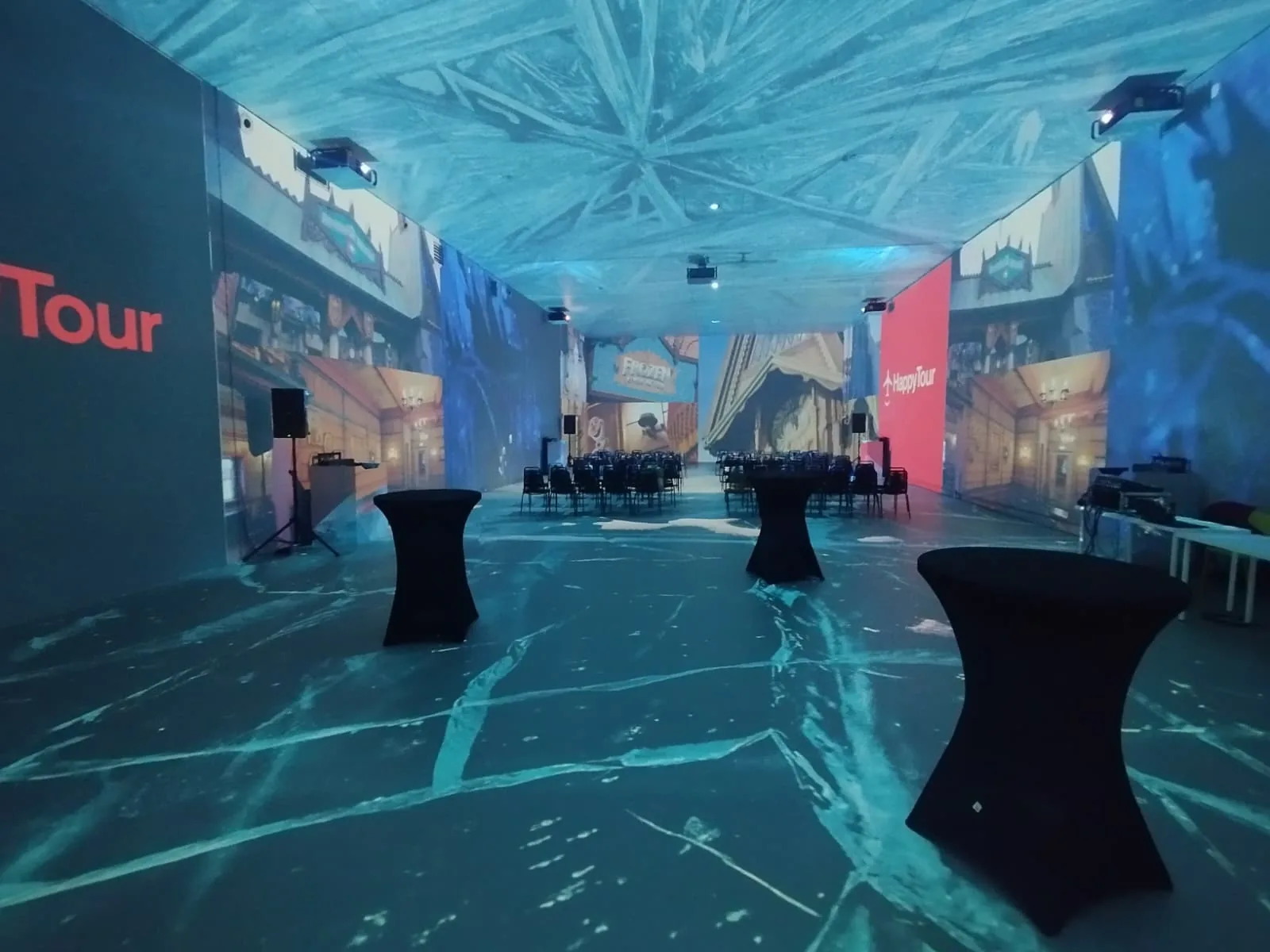 Immersive Happy Tour event room with projection across walls and floor for MINA Museum Event at MINA Museum in Bucharest.