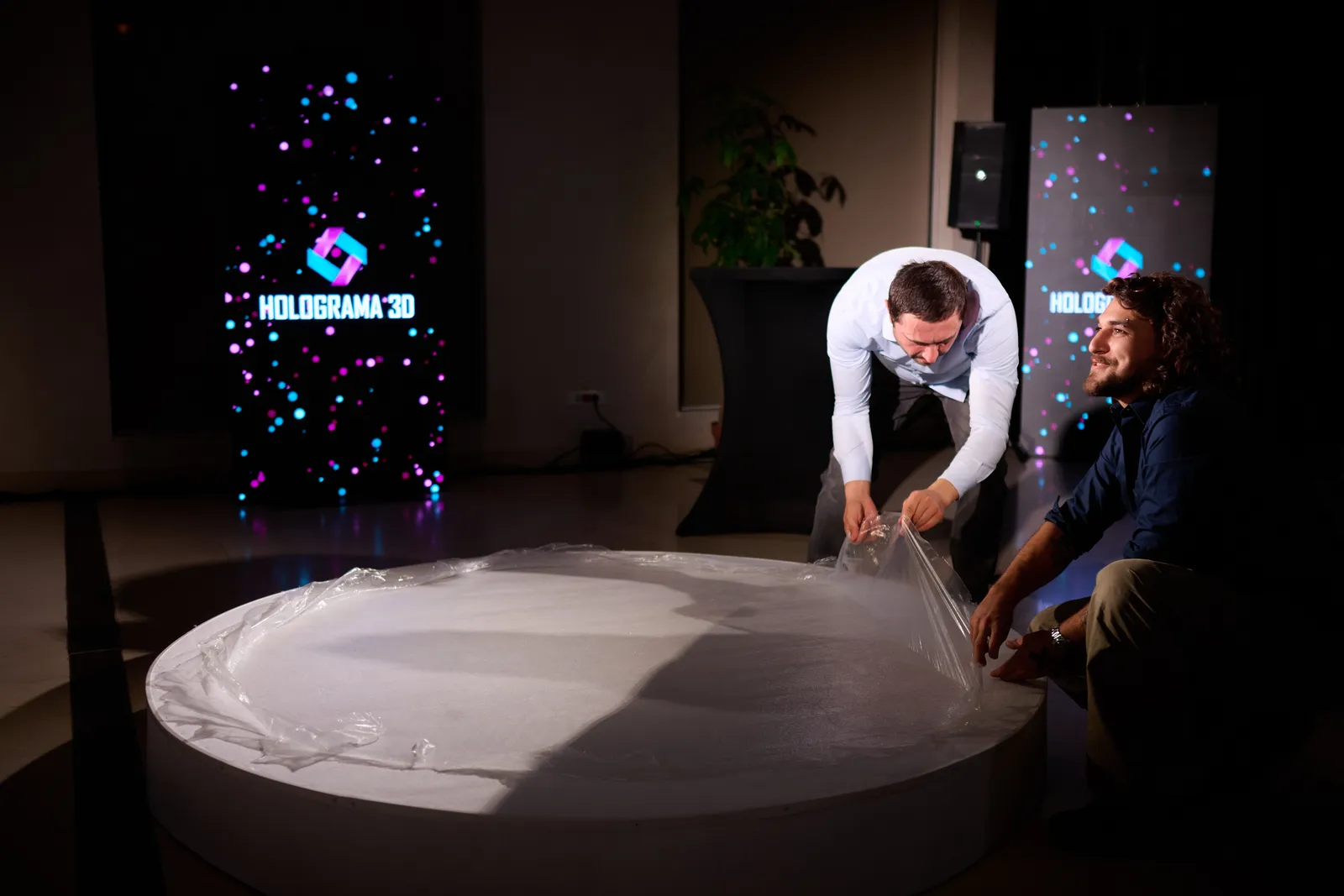 The crew preparing the round stage before doors at The N-Space